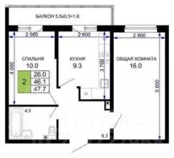 2-комн.кв., 46 м², этаж 6