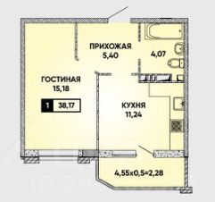 1-комн.кв., 38 м², этаж 12