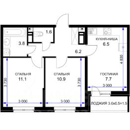 2-комн.кв., 53 м², этаж 6