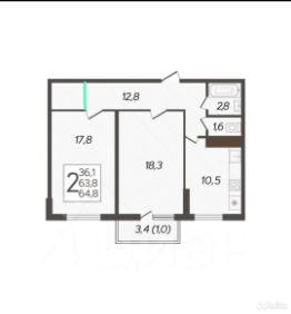 2-комн.кв., 65 м², этаж 9