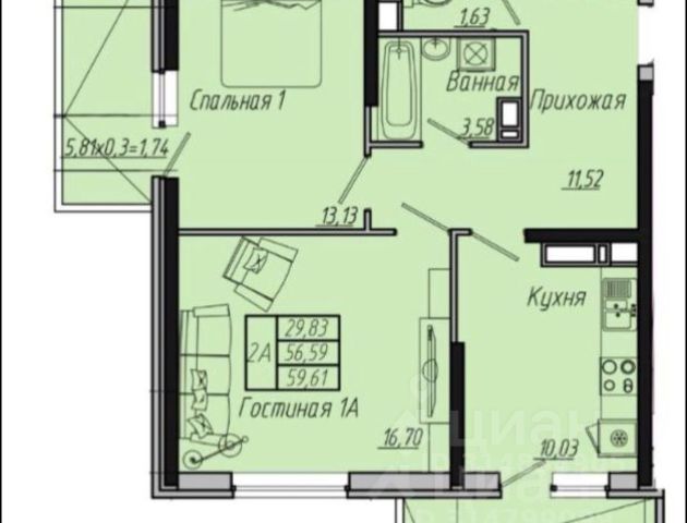 2-комн., 56 м², 12/19 этаж
