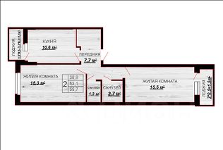 2-комн.кв., 56 м², этаж 7