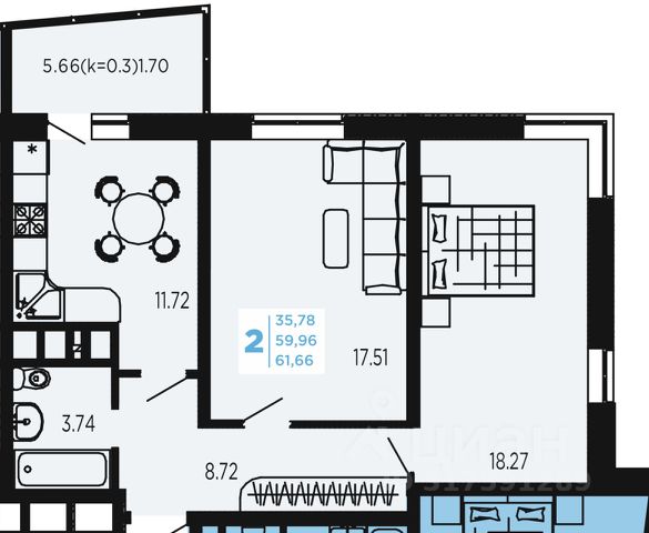 2-комн., 62 м², 11/26 этаж