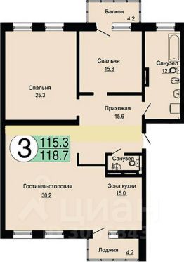 3-комн.кв., 115 м², этаж 6