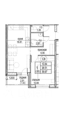 1-комн.кв., 40 м², этаж 12