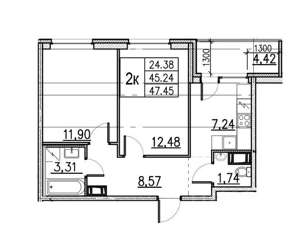 2-комн., 44,6 м², 4/12 этаж