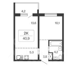 2-комн.кв., 41 м², этаж 13