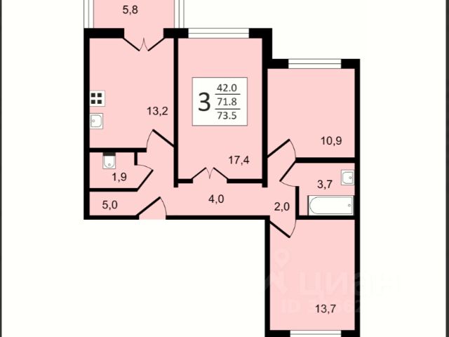 3-комн., 73,5 м², 16/17 этаж