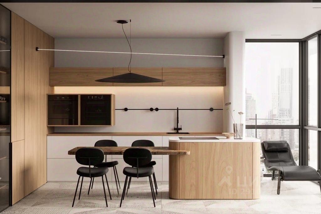 Современная кухня с панорамными окнами, стильный дизайн, просторная обеденная зона. Идеально для комфортной жизни в Липецке.