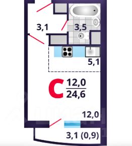 студия, 25 м², этаж 9