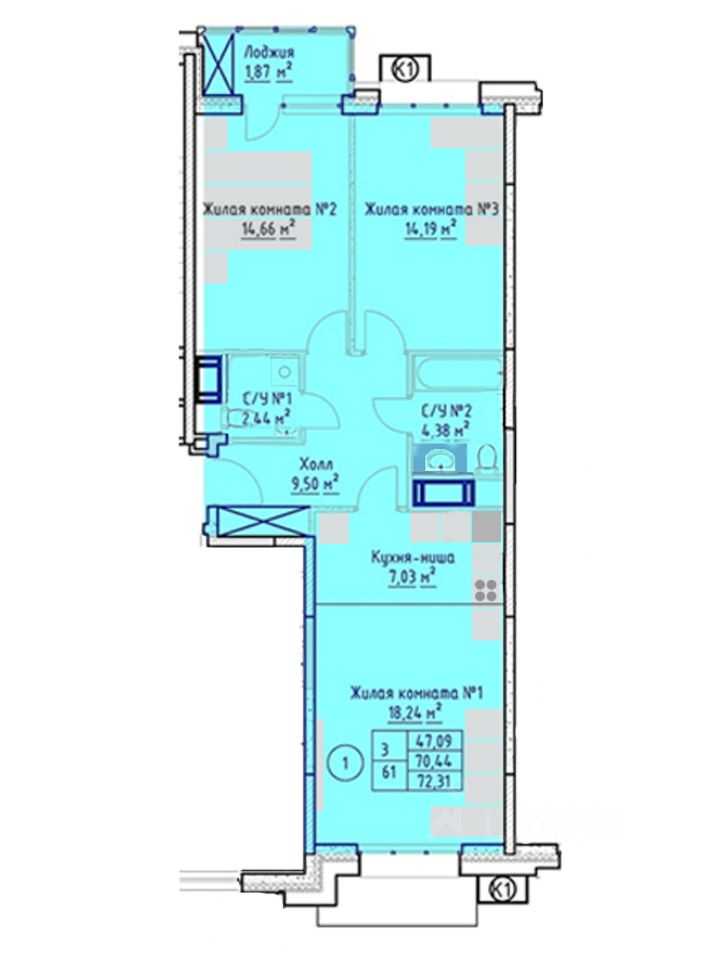 Евро3-комнатная квартира, 72 м² — фото 4