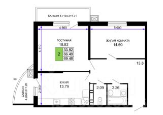 2-комн.кв., 70 м², этаж 8