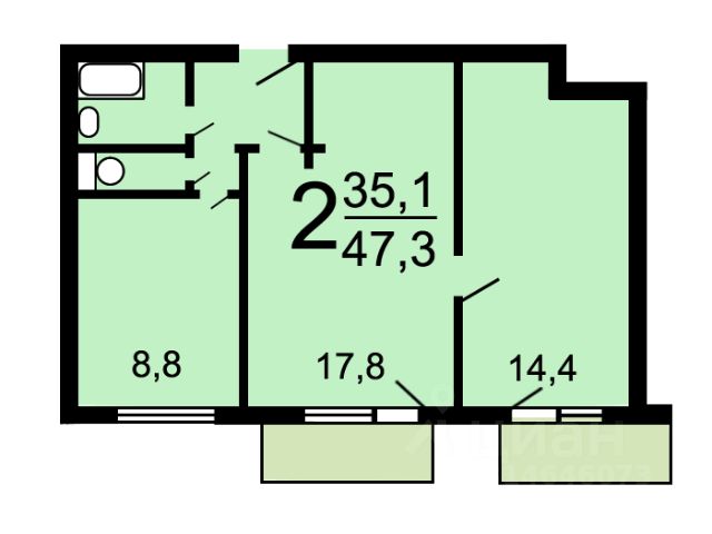 2-комн., 48 м², 6/12 этаж