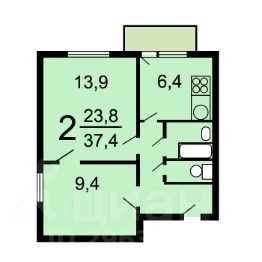 2-комн.кв., 38 м², этаж 8