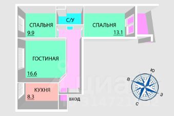 3-комн.кв., 61 м², этаж 7