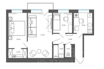 3-комн.кв., 52 м², этаж 2