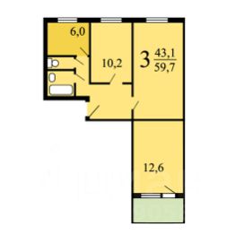 3-комн.кв., 60 м², этаж 10