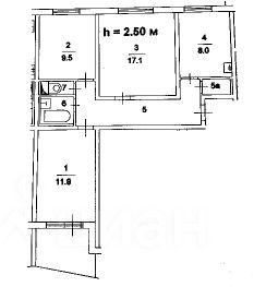 3-комн.кв., 62 м², этаж 4