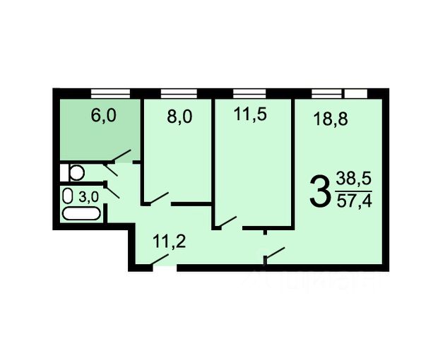 3-комн., 57,3 м², 2/9 этаж