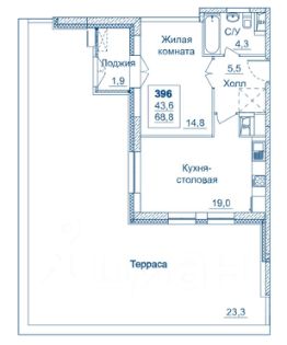 1-комн.кв., 69 м², этаж 2