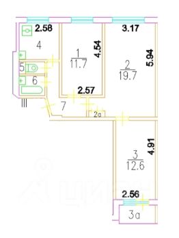 3-комн.кв., 59 м², этаж 2