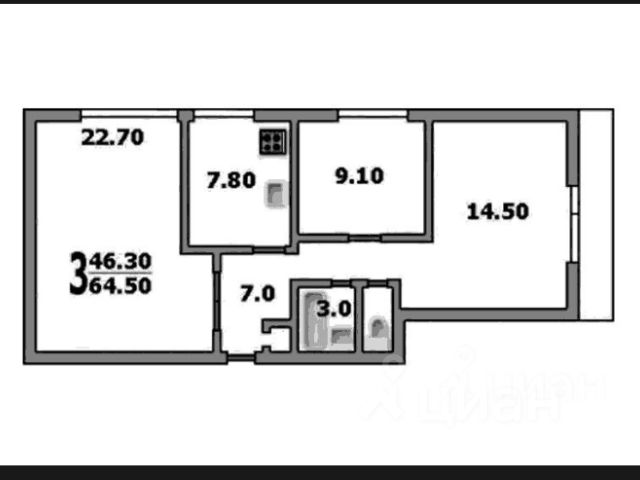 3-комн., 65 м², 11/16 этаж
