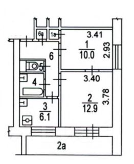 2-комн.кв., 38 м², этаж 1