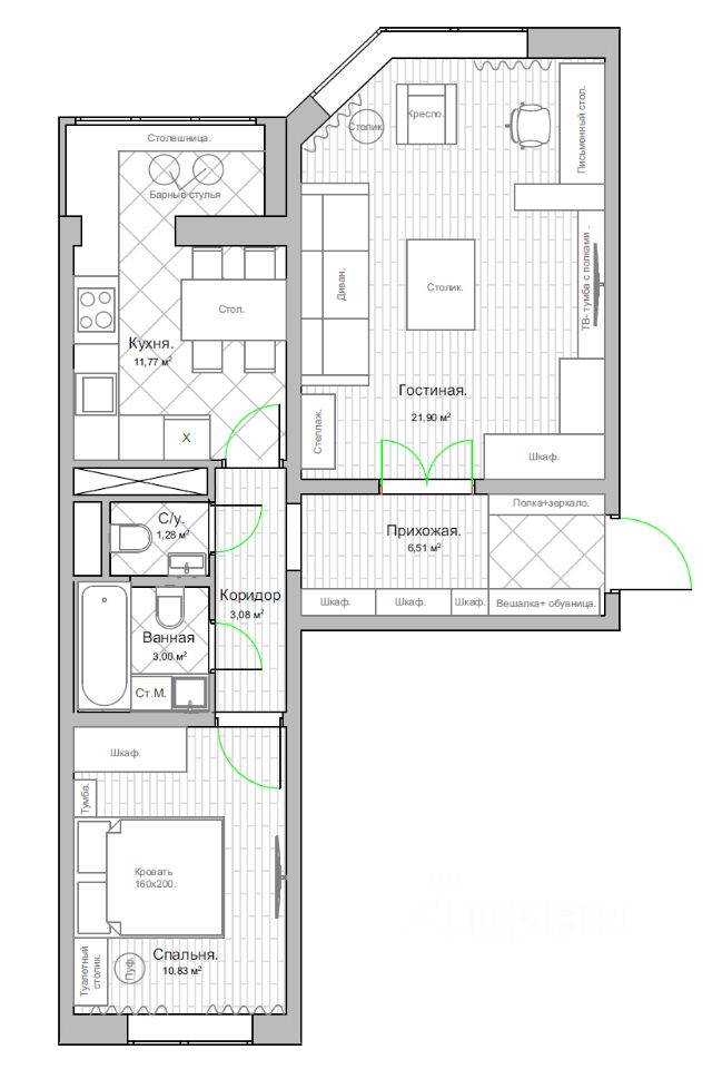 2-комнатная квартира, 54,9 м² — фото 2