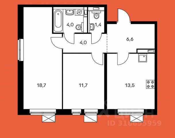 2-комн., 60 м², 15/15 этаж