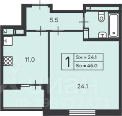 1-комн.кв., 45 м², этаж 3