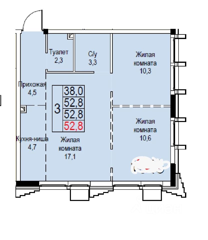 3-комнатная квартира, 52,8 м² — фото 3