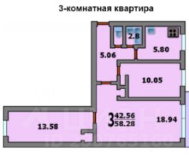 3-комн.кв., 59 м², этаж 2