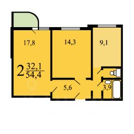 2-комн.кв., 54 м², этаж 15