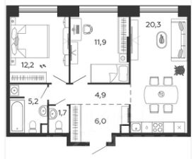 2-комн.кв., 62 м², этаж 4