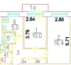 2-комн.кв., 44 м², этаж 3