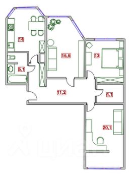 3-комн.кв., 77 м², этаж 15