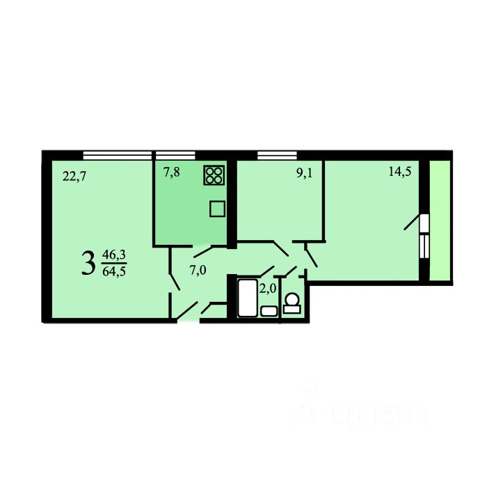 Продается3-комн.квартира,64,8м²