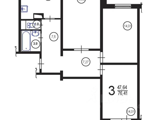 3-комн., 76,5 м², 13/17 этаж