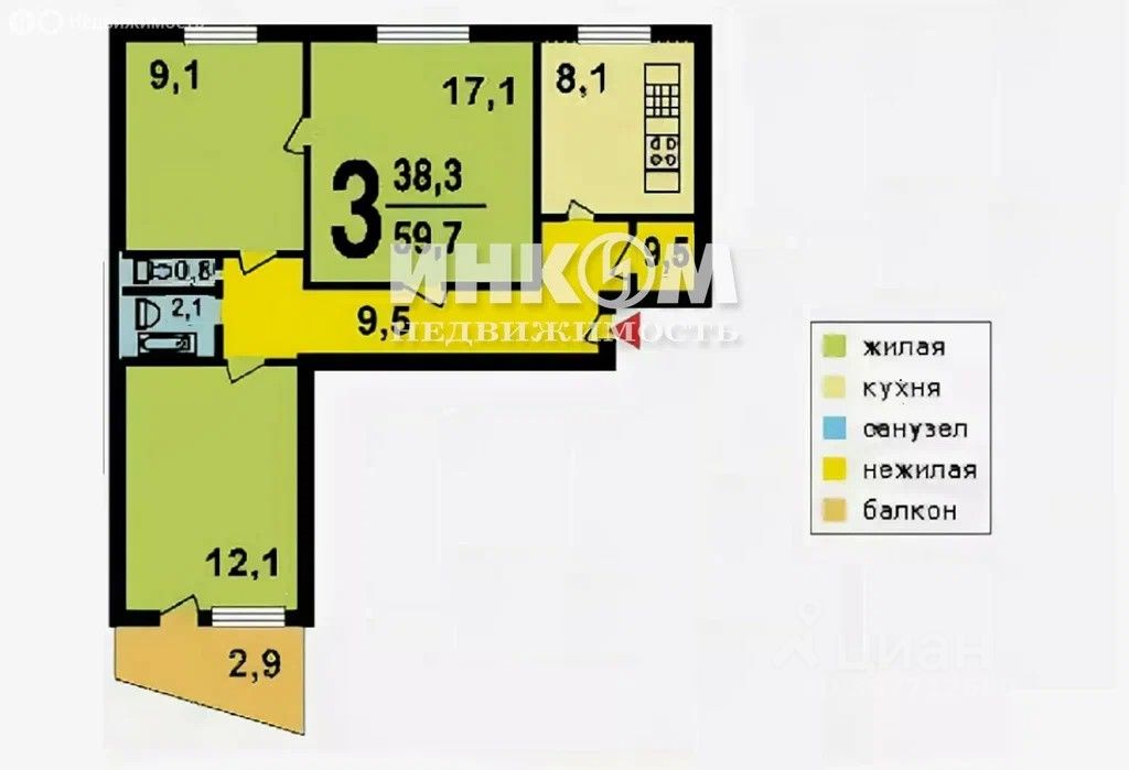 Продается3-комн.квартира,61,1м²