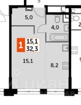 1-комн.кв., 32 м², этаж 13