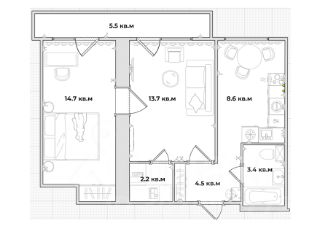 2-комн.кв., 53 м², этаж 4