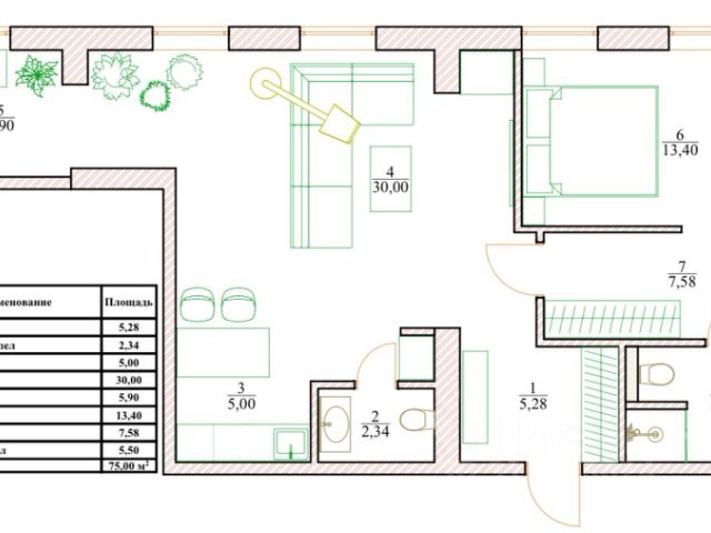 2-комн. апарт., 75 м², 3/6 этаж