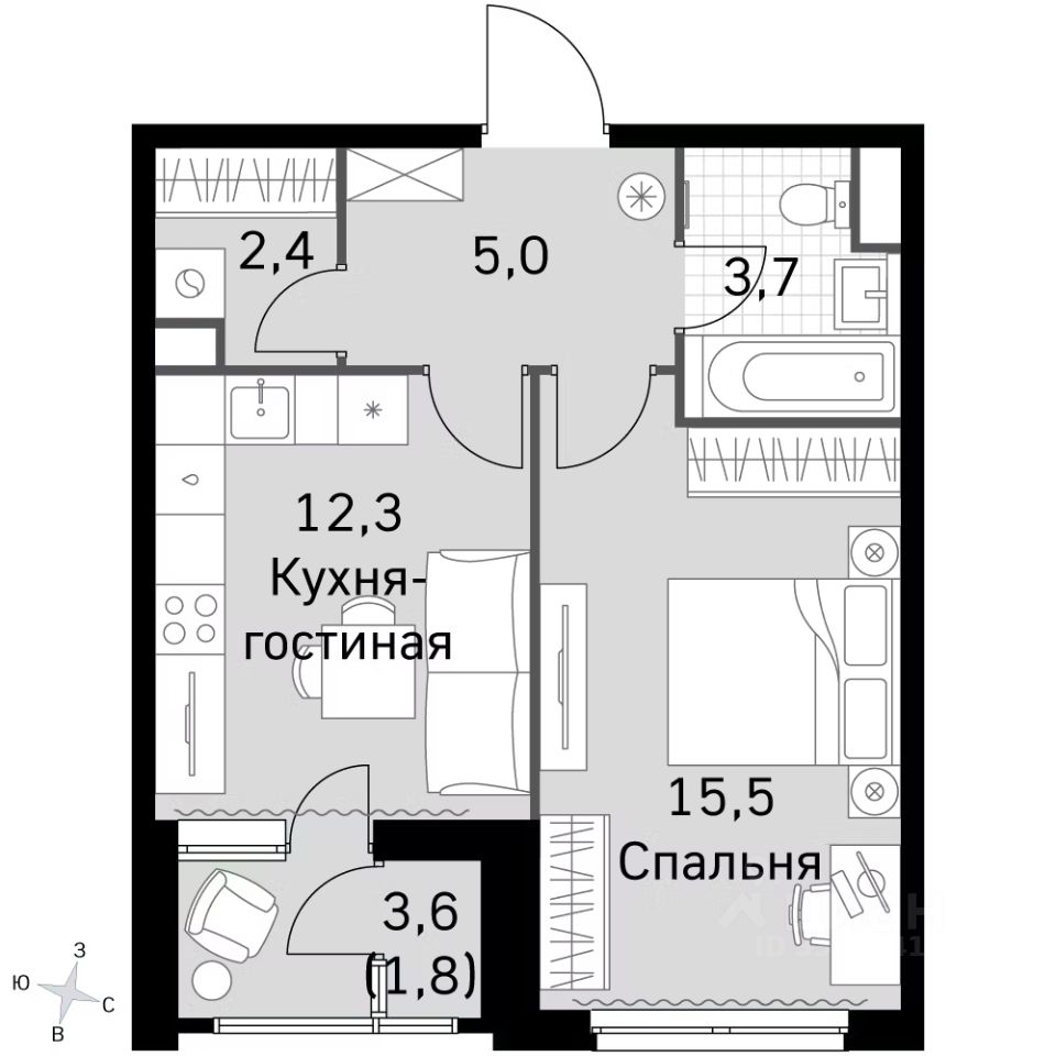 1-комнатная квартира, 42 м² — фото 1