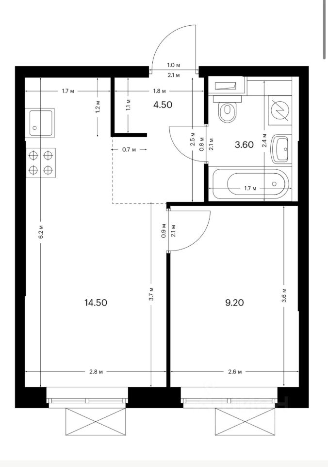 1-комнатная квартира, 32 м² — фото 6