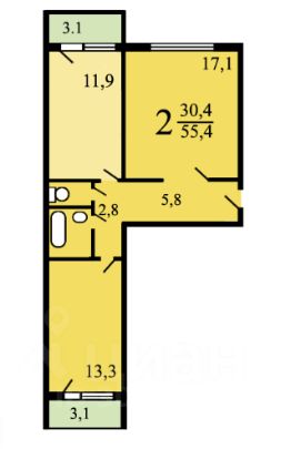 2-комн.кв., 62 м², этаж 3