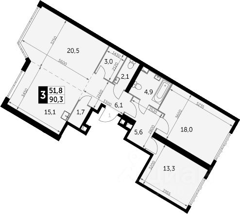 3-комн., 90 м², 30/46 этаж
