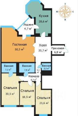 4-комн.кв., 206 м², этаж 3