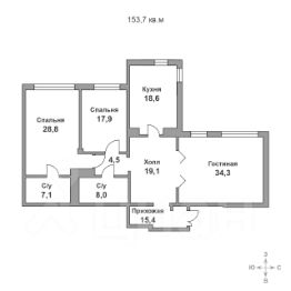 3-комн.кв., 154 м², этаж 2