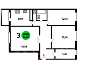 3-комн.кв., 80 м², этаж 2