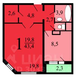 1-комн.кв., 42 м², этаж 8